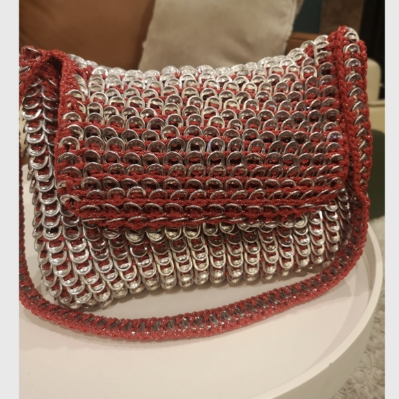 Rare vintage aluminum pop can tab crocheted purse large size capacity Silver/Red - Picture 9 of 17